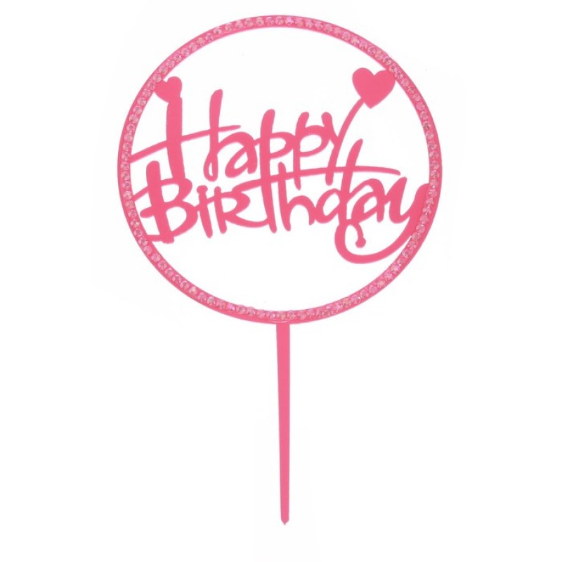 Топпер "Happy Birthday" круг со стразами ярко-розовый